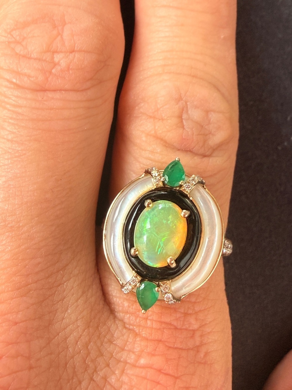 ✨Vintage Asch Grossbardt 14K Gold Opal,
Mother-of-Pearl, Onyx & Emerald Ring Sz8